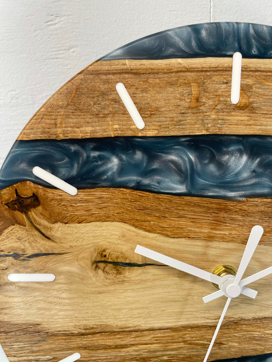 English Oak and Metallic Blue Pearlescent Resin Wall Clock