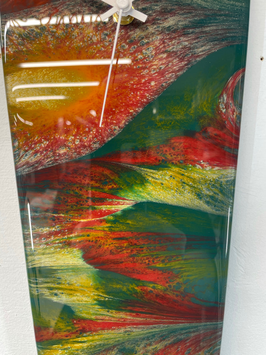 Narrow Dark Green Antique Gold and Maroon Abstract Resin Wall Clock
