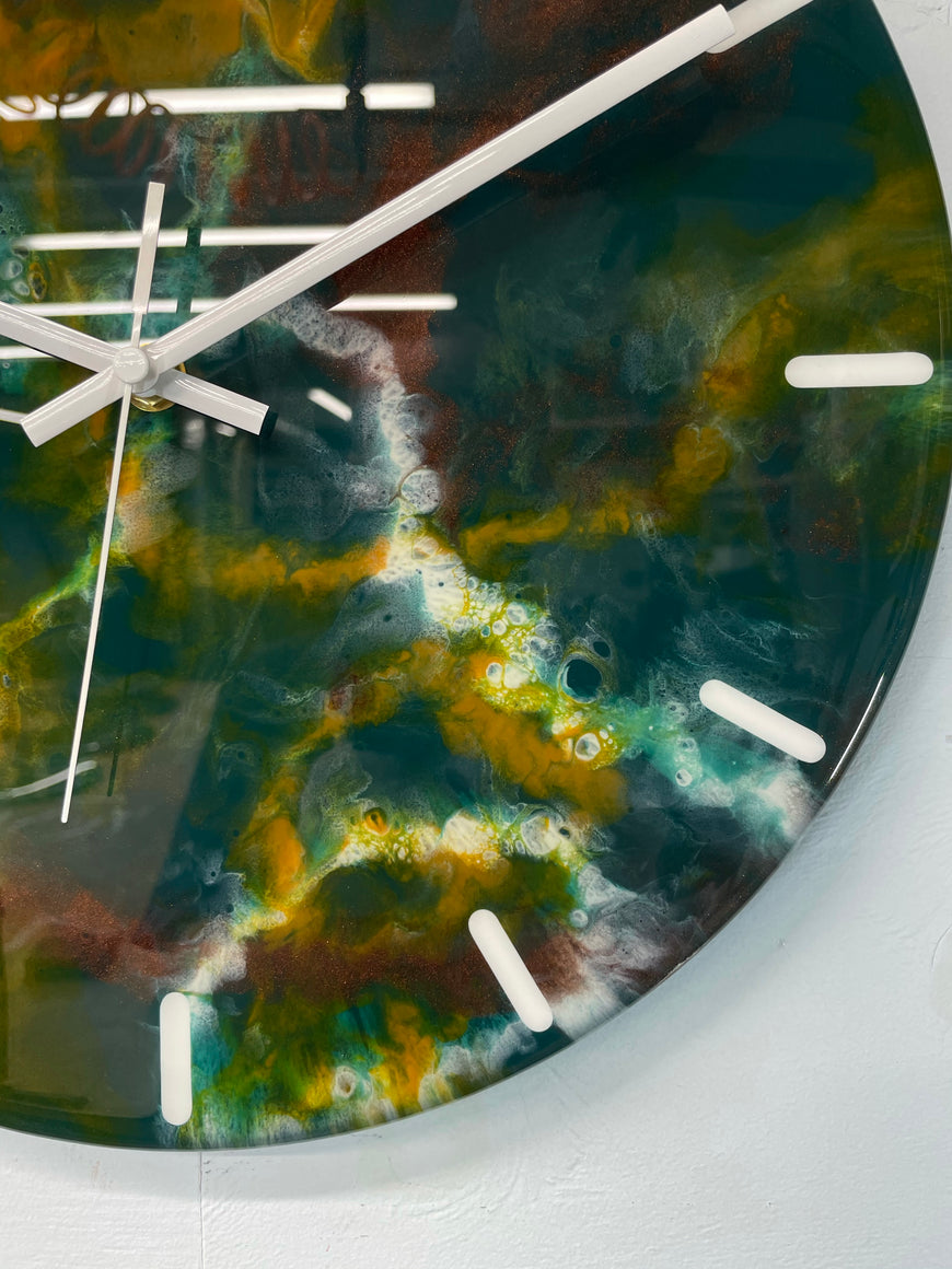 33cm Dark Green Burnt Orange and Copper Abstract Modern Resin Wall Clock