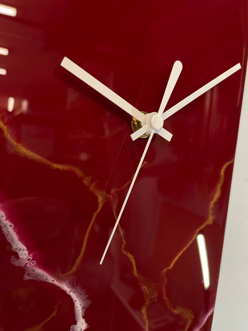 Narrow Dark Red Maroon White and Gold Abstract Resin Wall Clock