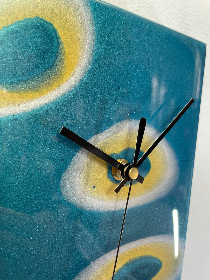 Narrow Turquoise Silver and Gold Abstract Resin Wall Clock