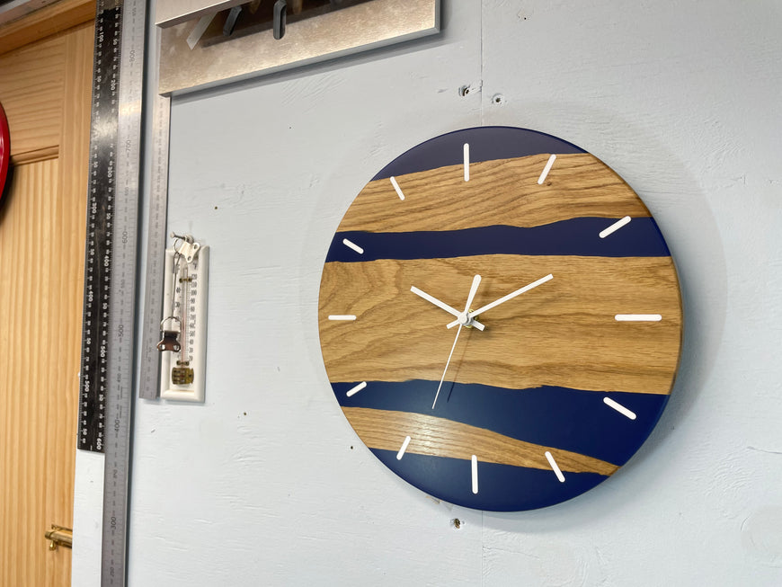 English Oak and Navy Blue Resin Wall Clock
