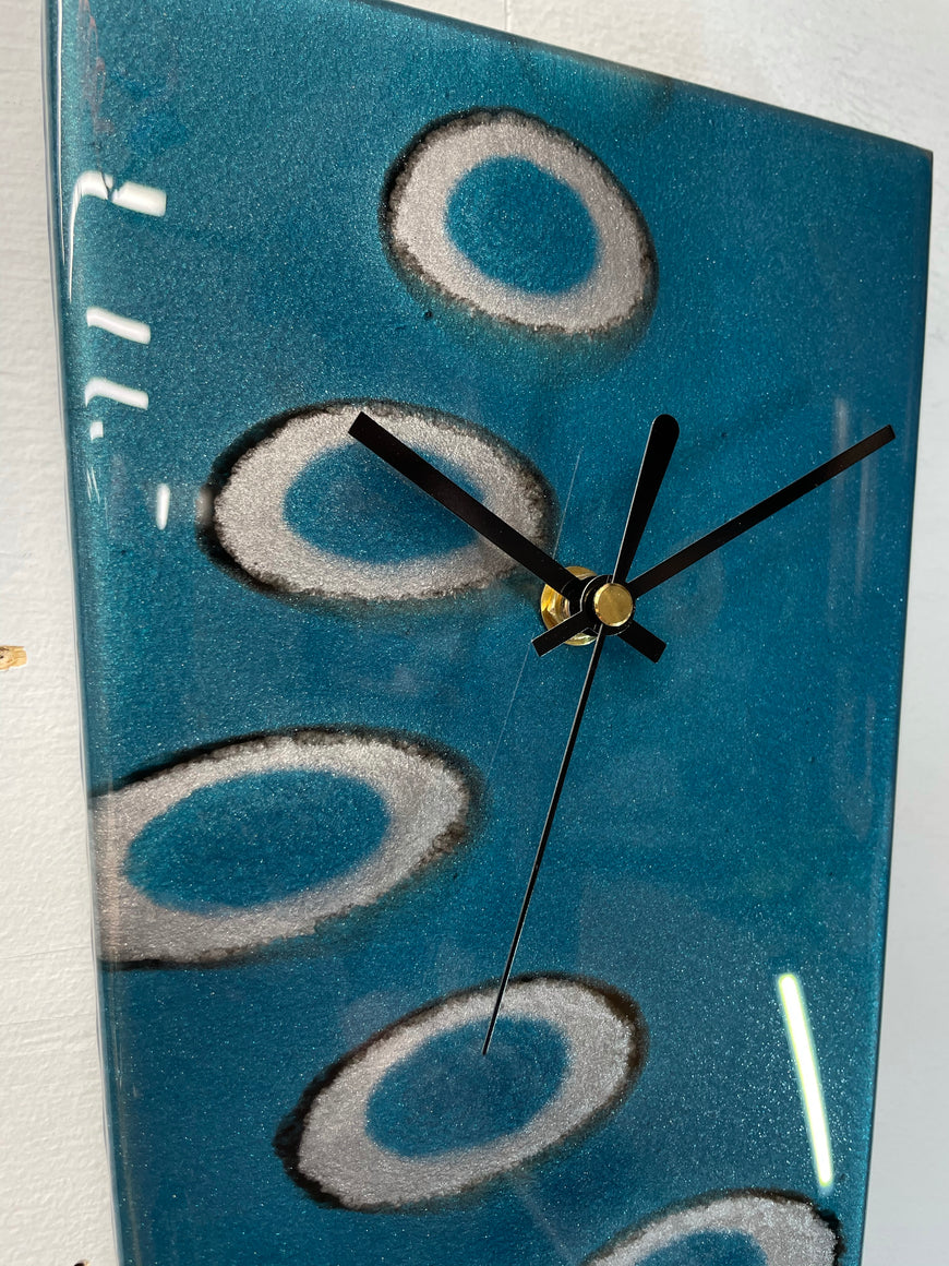 Narrow Turquoise Black and Silver Abstract Resin Wall Clock