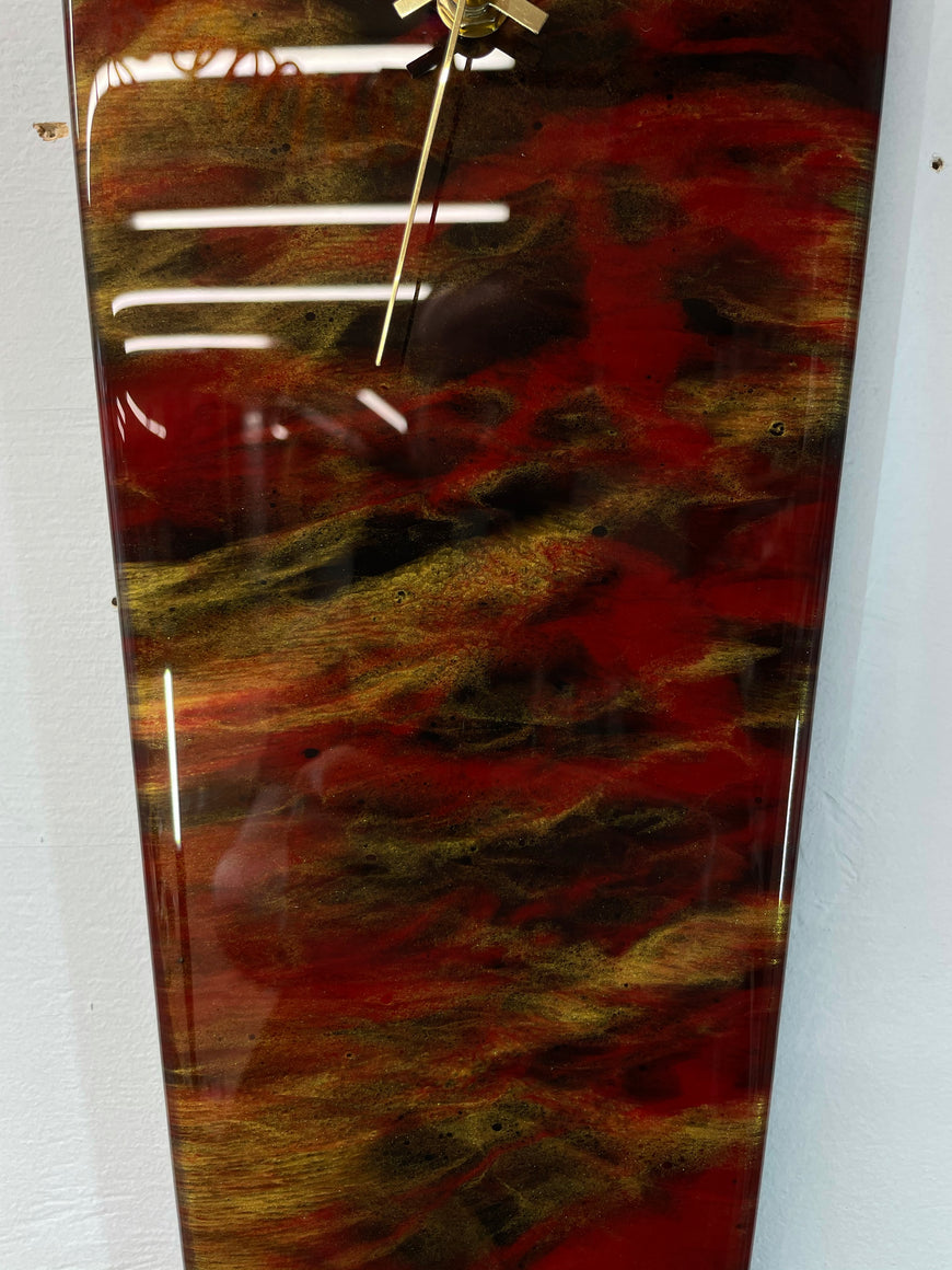 Narrow Black Blood Red Maroon and Gold Abstract Resin Wall Clock