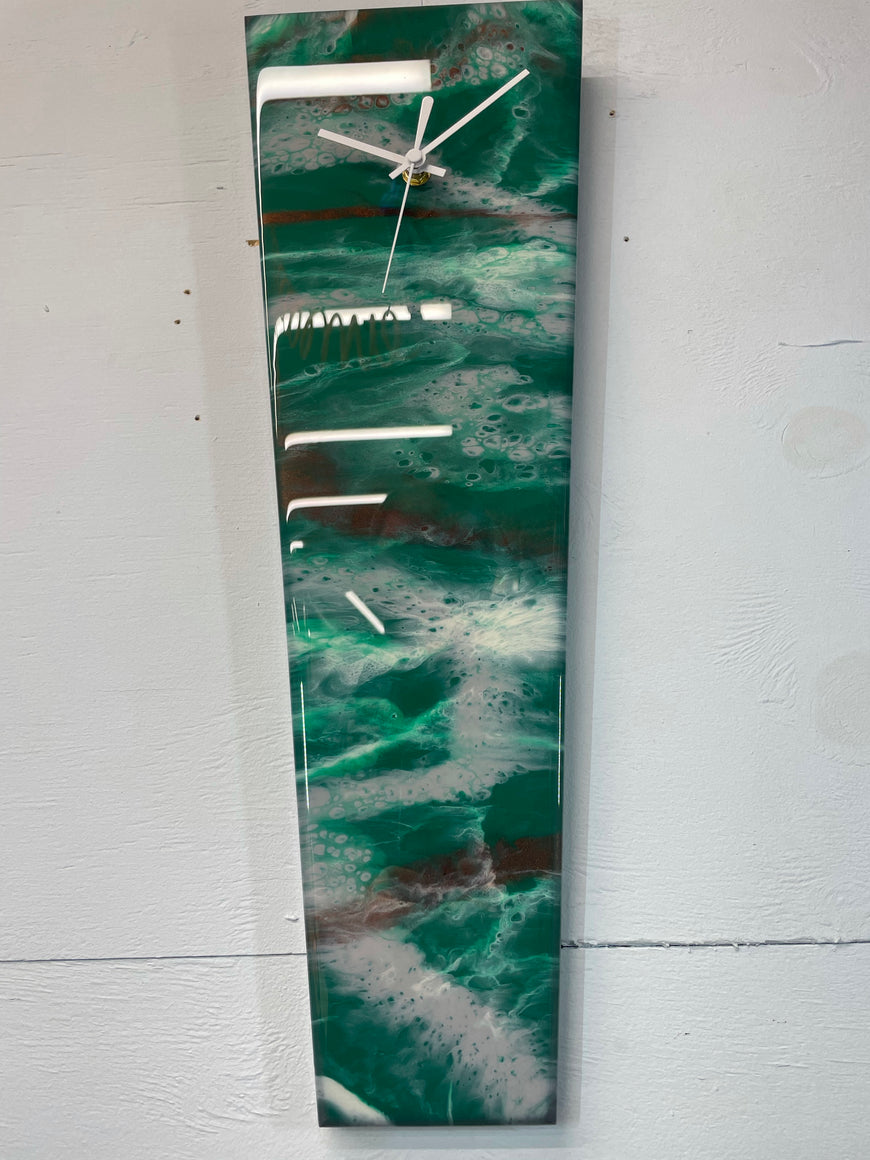 Narrow Emerald Green Copper and Grey Abstract Resin Wall Clock