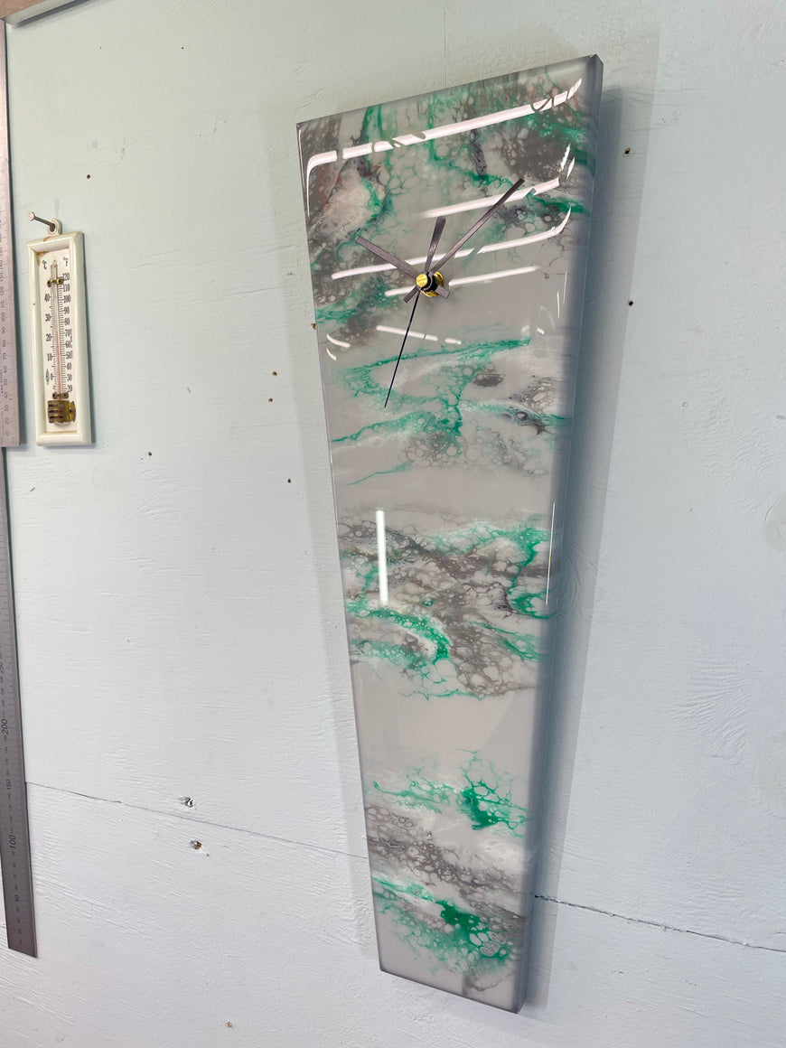 Long Grey Emerald Green and Black Abstract Resin Wall Clock