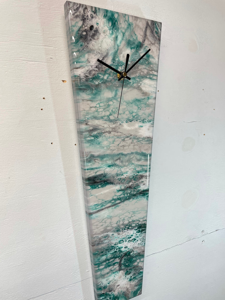 Narrow Grey Emerald Green Black and White Abstract Resin Wall Clock