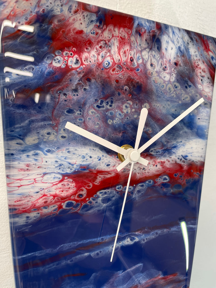 Narrow Navy Blue Blood Red and White Abstract Resin Wall Clock