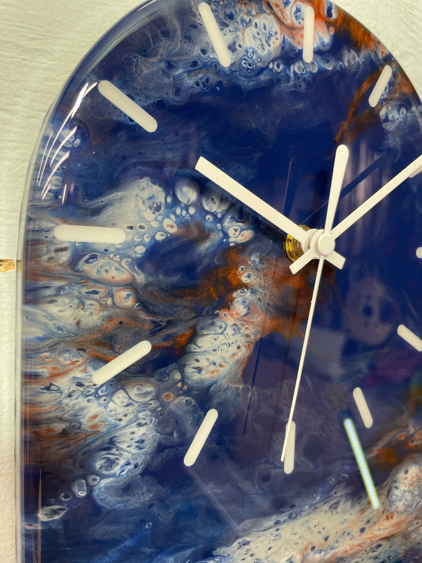 Narrow Navy Blue White Grey and Copper Abstract Resin Wall Clock