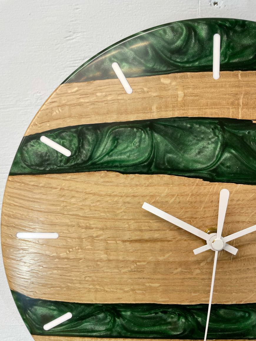 English Oak and Dark Green Pearlescent Resin Wall Clock