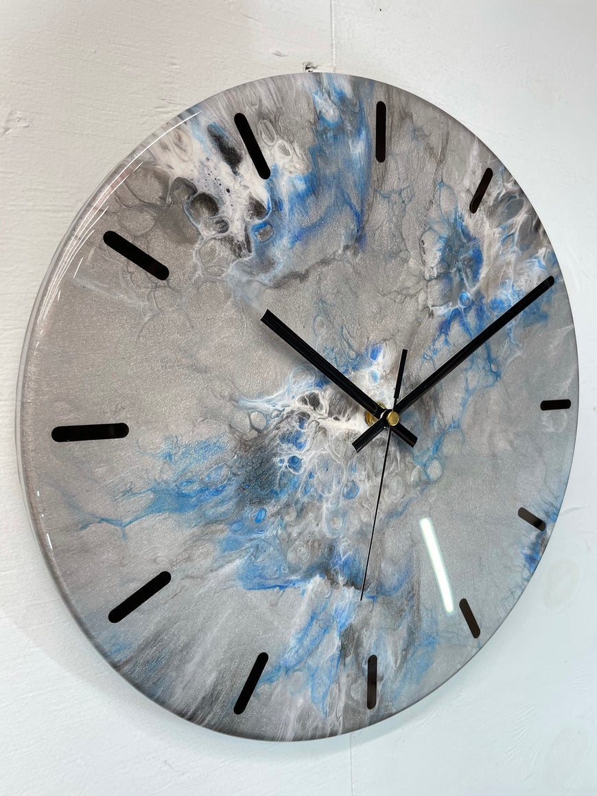 33cm Metallic Silver Blue and Black Abstract Modern Resin Wall Clock