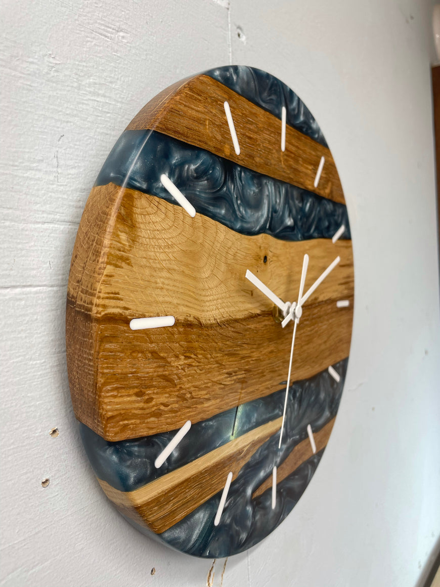 English Oak and Metallic Blue Pearlescent Resin Wall Clock