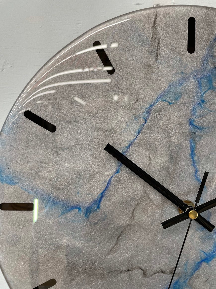 33cm Metallic Silver Blue and Black Abstract Modern Resin Wall Clock