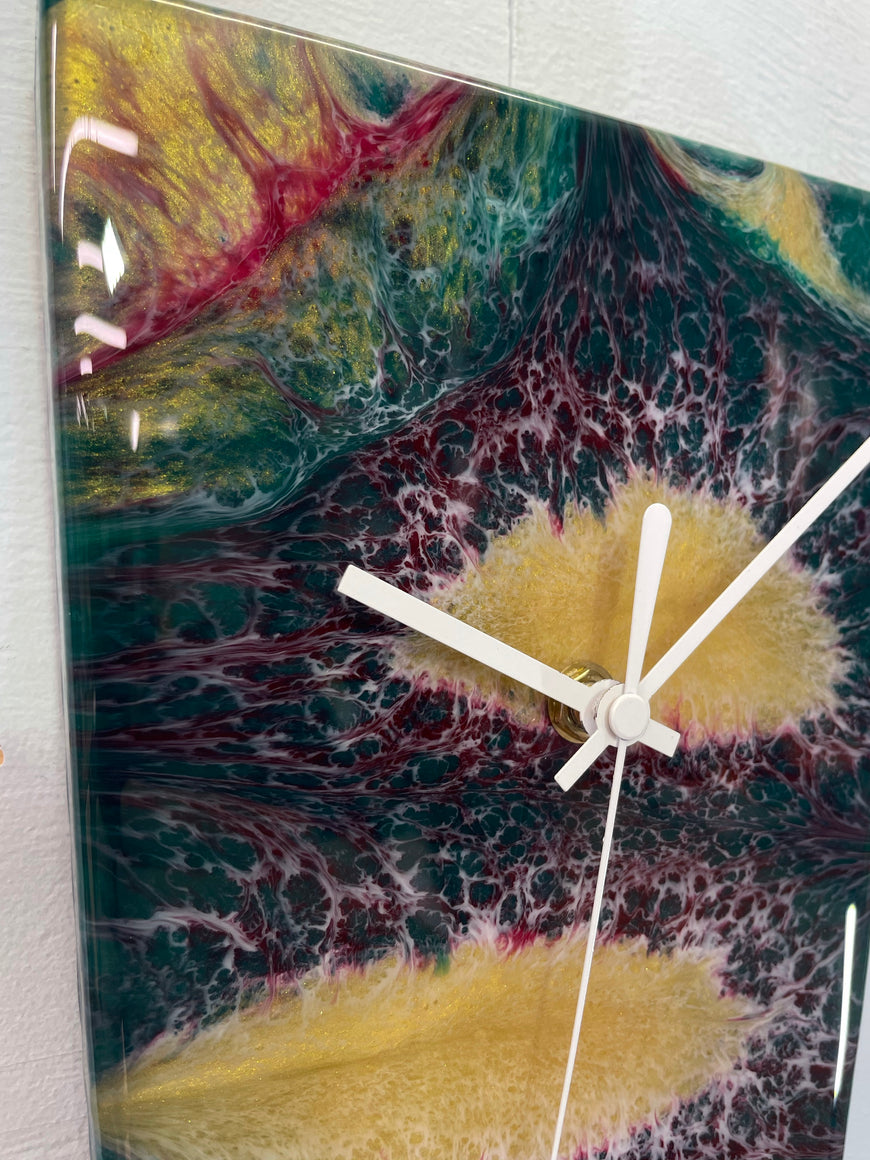 Narrow Emerald Green maroon Gold and White Abstract Resin Wall Clock