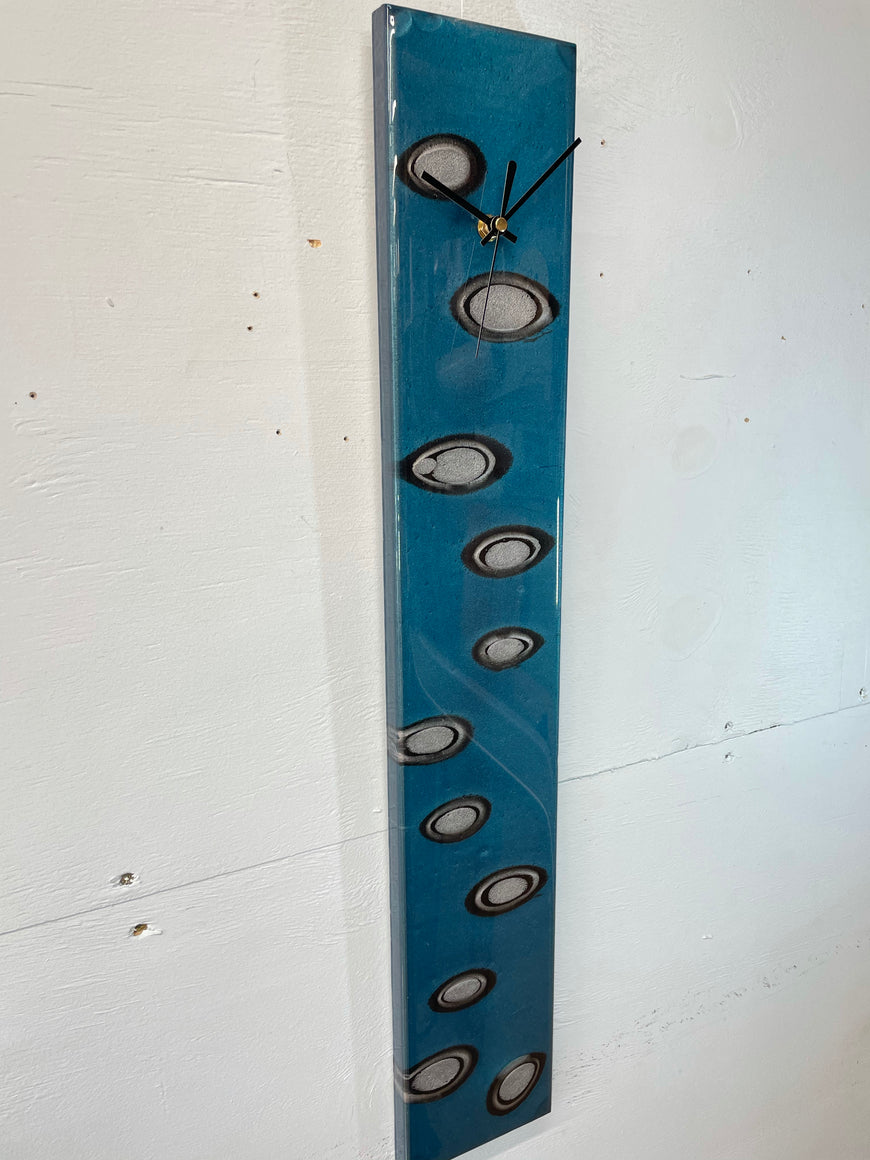 Narrow Turquoise Silver & Black Rectangular Abstract Resin Wall Clock   70cm x 12cm