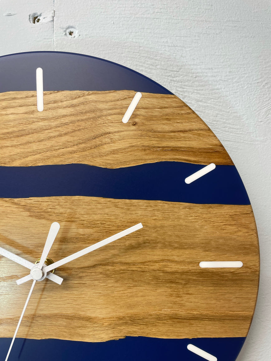 English Oak and Navy Blue Resin Wall Clock
