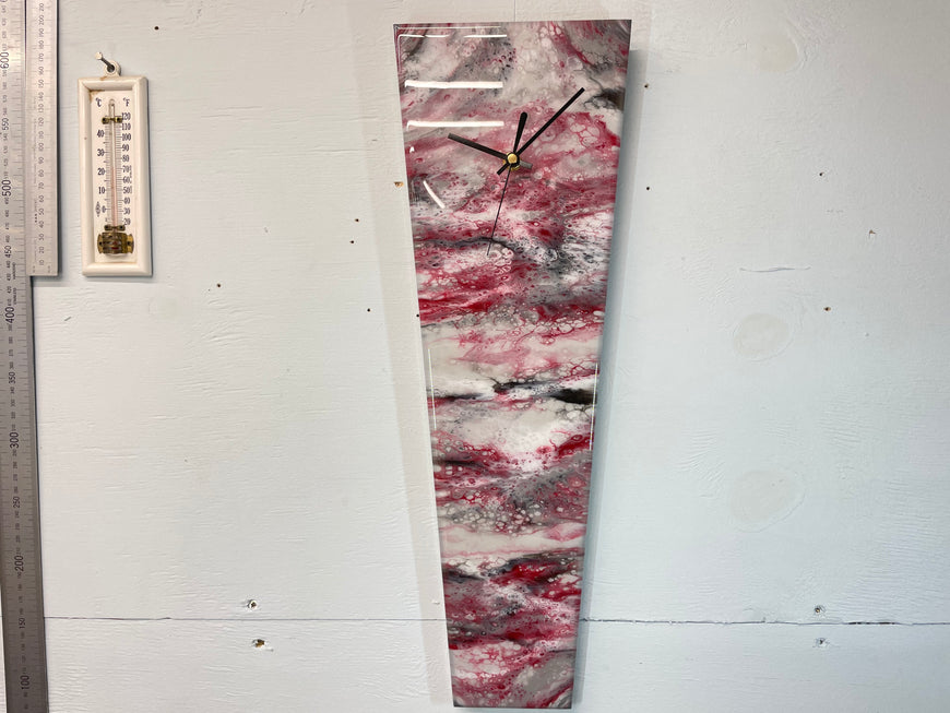 Narrow Grey Blood Red Maroon and White Abstract Resin Wall Clock