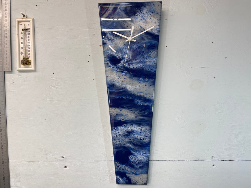 Narrow Navy Blue Grey and White Abstract Resin Wall Clock