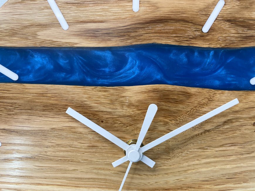 English Oak and Sapphire Blue Pearlescent Resin Wall Clock