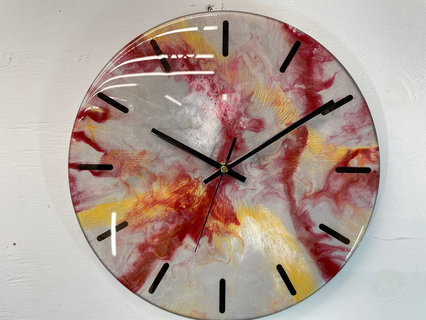 33cm Metallic Silver Maroon and Gold Abstract Modern Resin Wall Clock