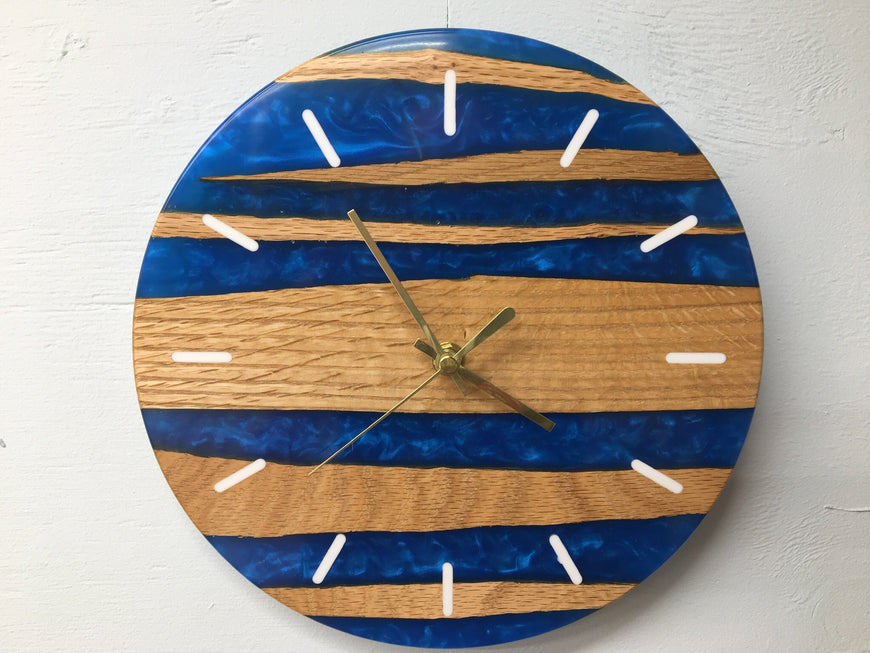 Sapphire Blue Pearlescent Resin and Red Oak Wall Clock 