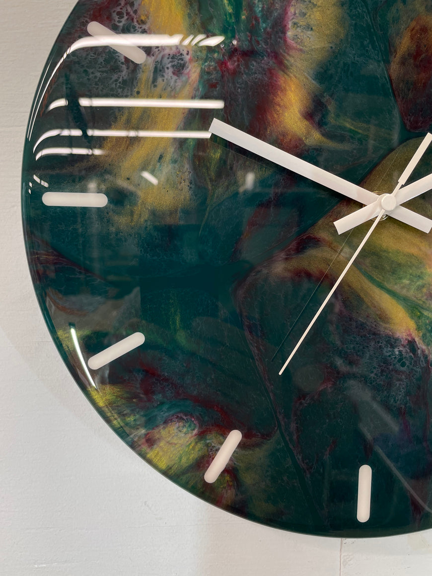 33cm Dark Green Maroon and Gold Abstract Modern Resin Wall Clock