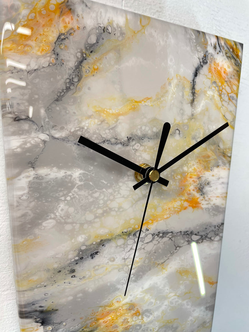 Narrow Grey Burnt Orange Black and White Abstract Resin Wall Clock