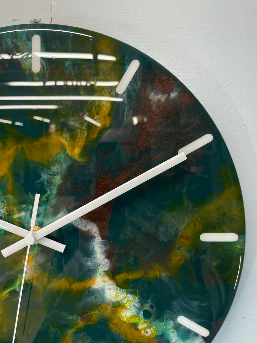 33cm Dark Green Burnt Orange and Copper Abstract Modern Resin Wall Clock