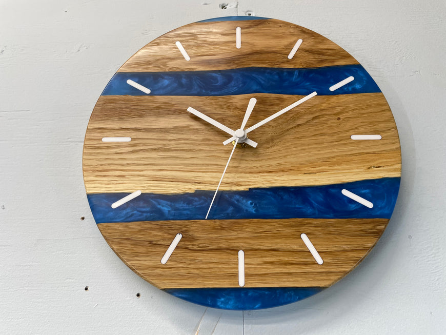 English Oak and Sapphire Blue Pearlescent Resin Wall Clock