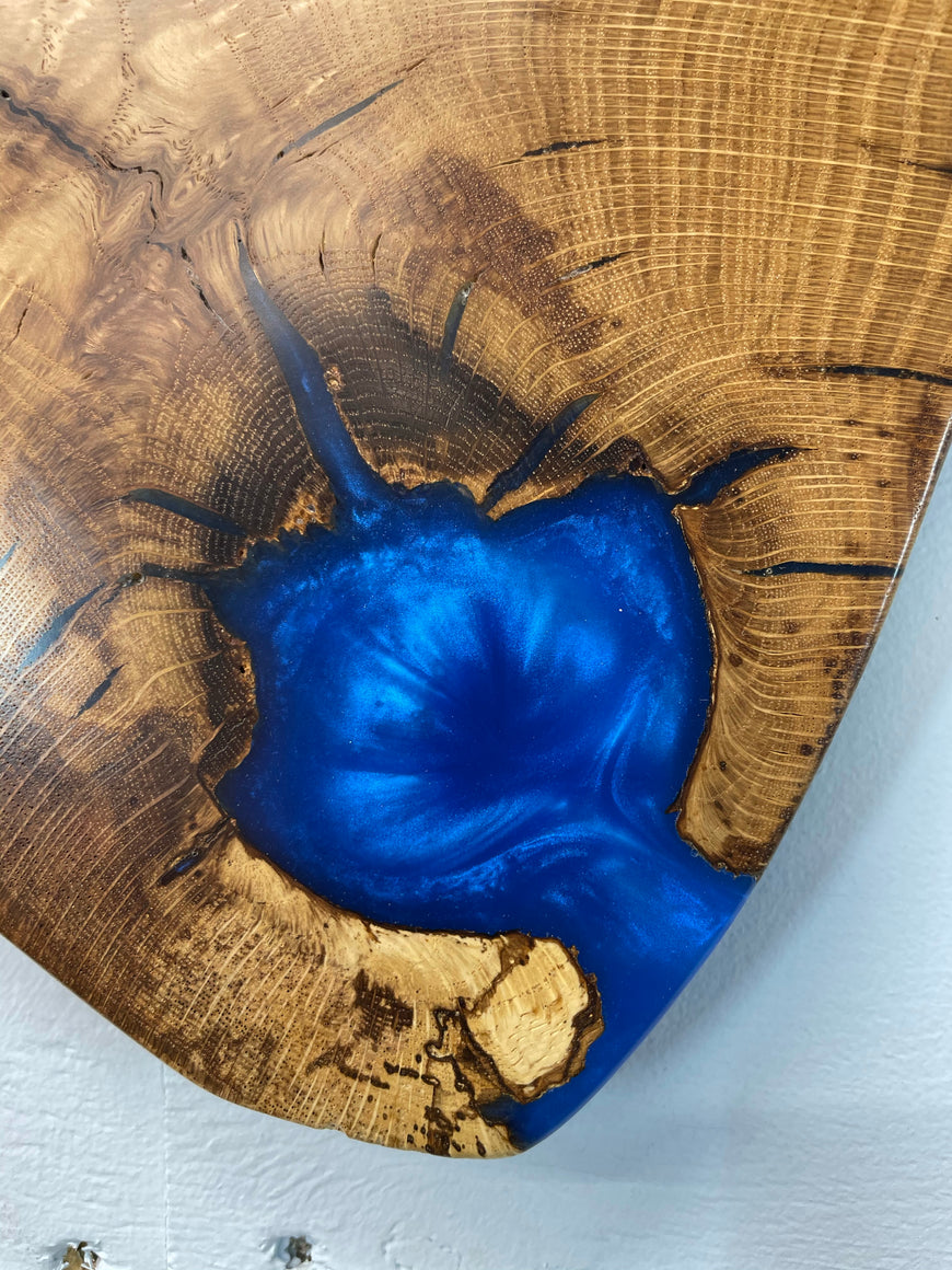 Wall Clock, English Oak and Pearlescent Blue Resin