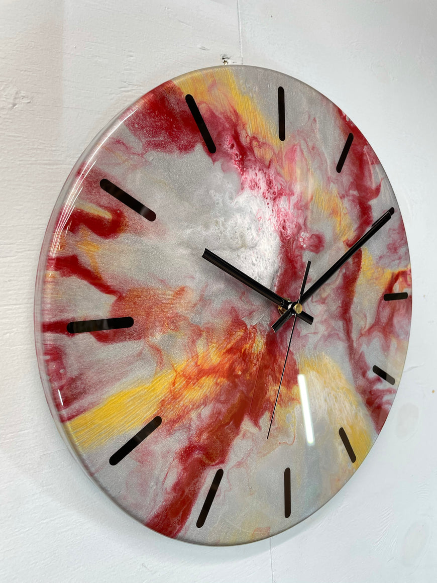 33cm Metallic Silver Maroon and Gold Abstract Modern Resin Wall Clock