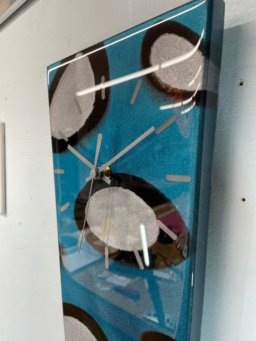 70cm Long Narrow Turquoise Black & Silver Abstract Resin Wall Clock