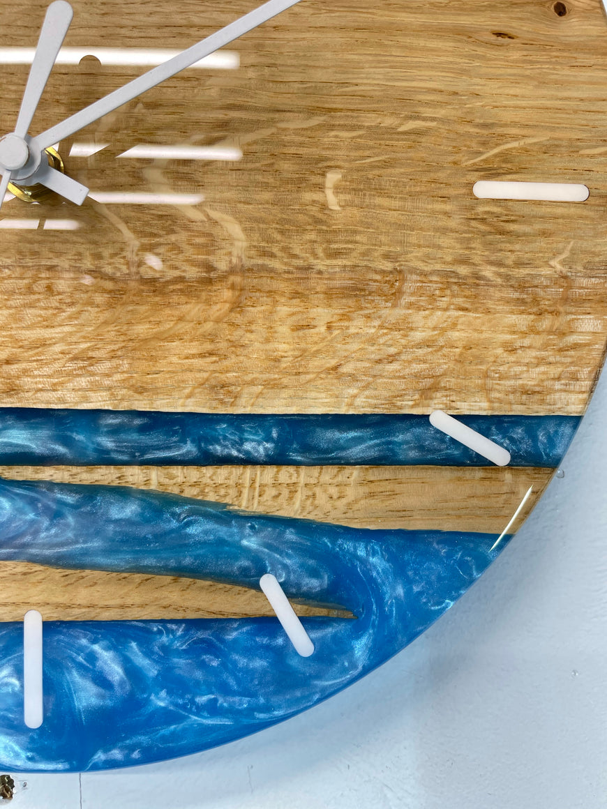 English Oak and Sky Blue Pearlescent Resin Wall Clock