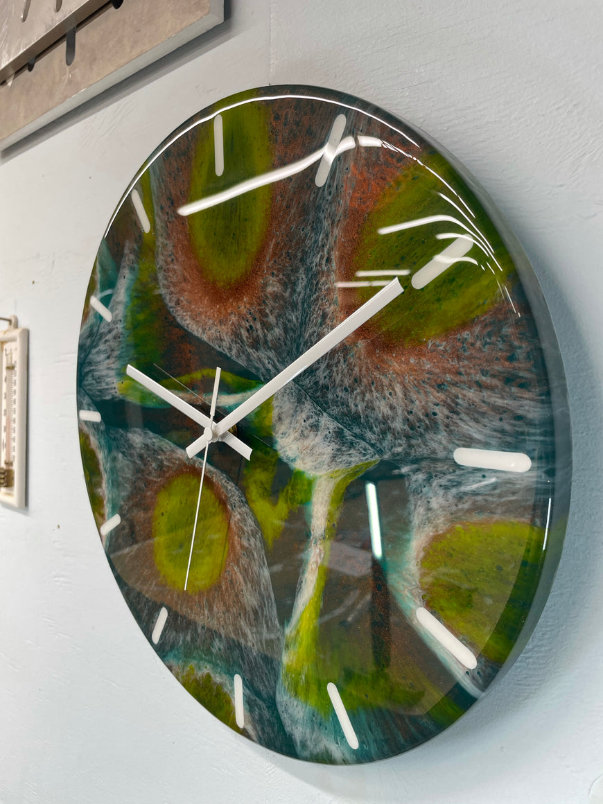 33cm Dark Green Copper and Moss Green Abstract Modern Resin Wall Clock