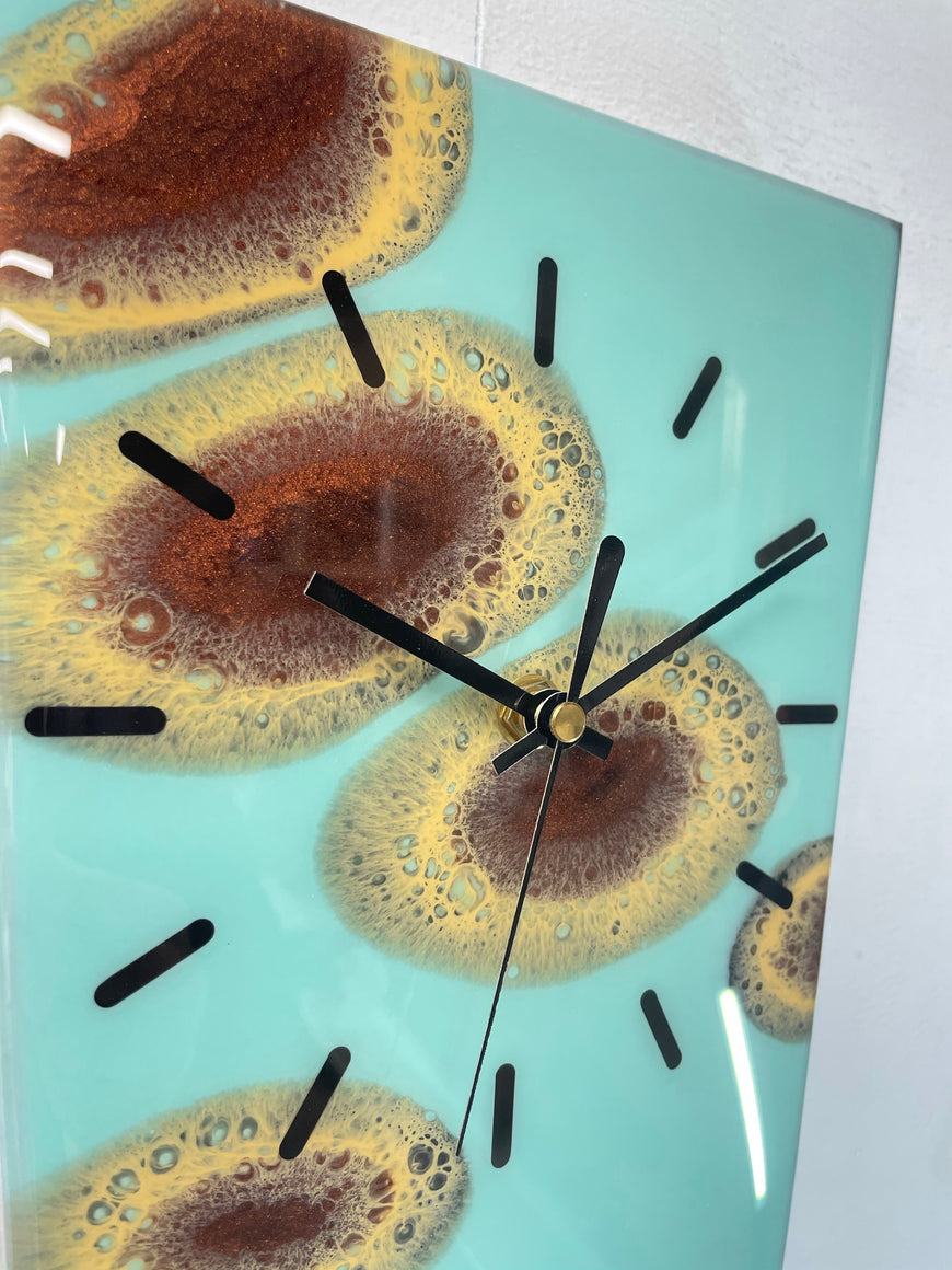 70cm Long Narrow Teal and Copper Abstract Resin Wall Clock