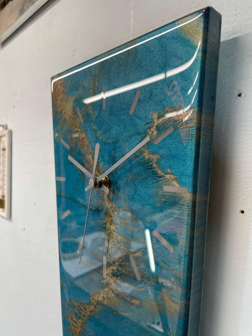 70cm Long Narrow Turquoise And Copper Abstract Resin Wall Clock