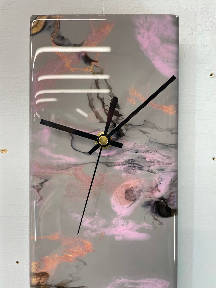 Grey Pink and Black Rectangular Abstract Resin Wall Clock