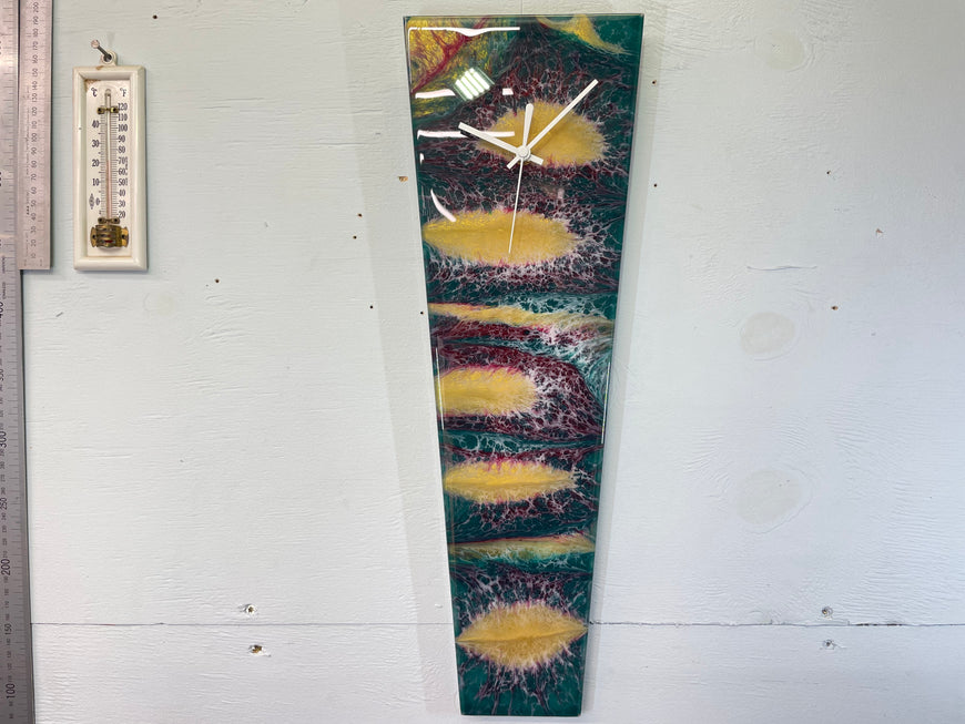 Narrow Emerald Green maroon Gold and White Abstract Resin Wall Clock