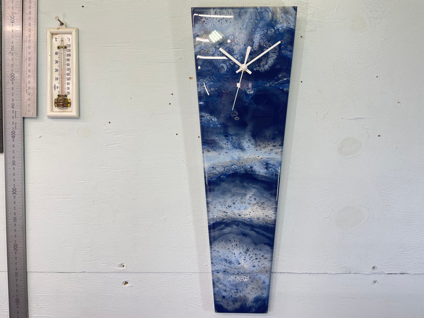 Narrow Navy Blue Baby Blue White and Grey Abstract Resin Wall Clock