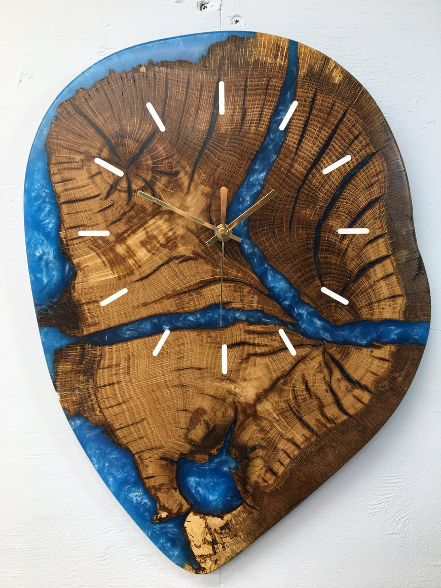 English Oak and Sky Blue Resin Wall Clock