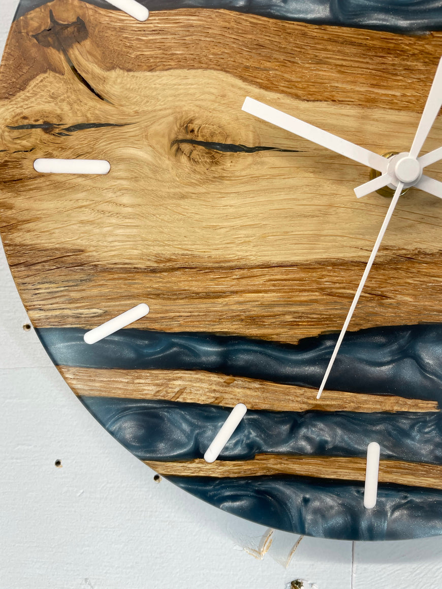 English Oak and Metallic Blue Pearlescent Resin Wall Clock