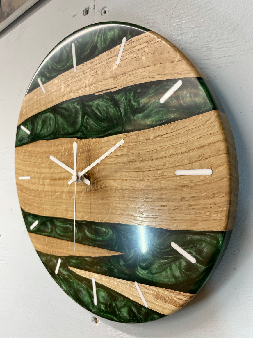 English Oak and Dark Green Pearlescent Resin Wall Clock