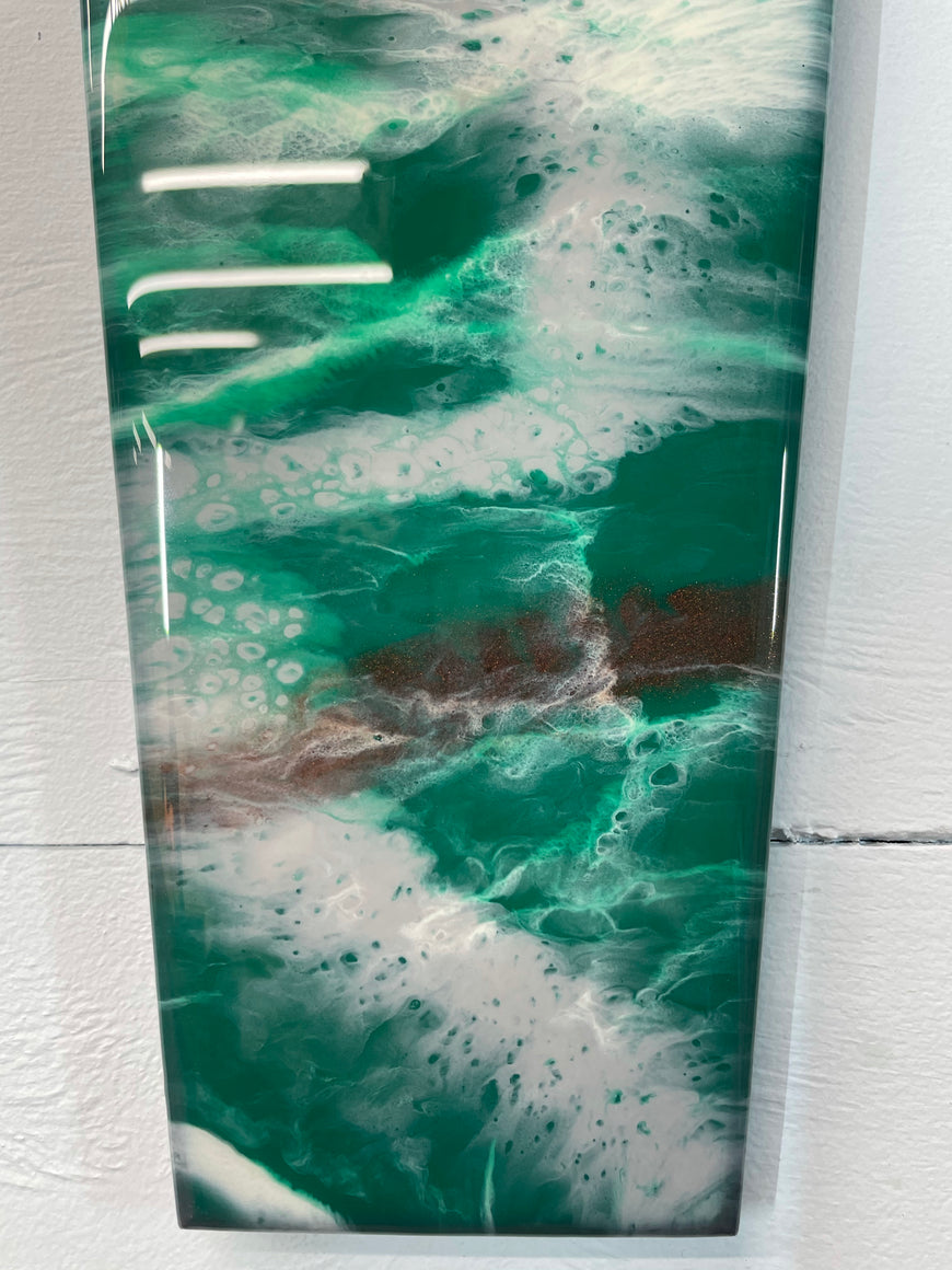 Narrow Emerald Green Copper and Grey Abstract Resin Wall Clock