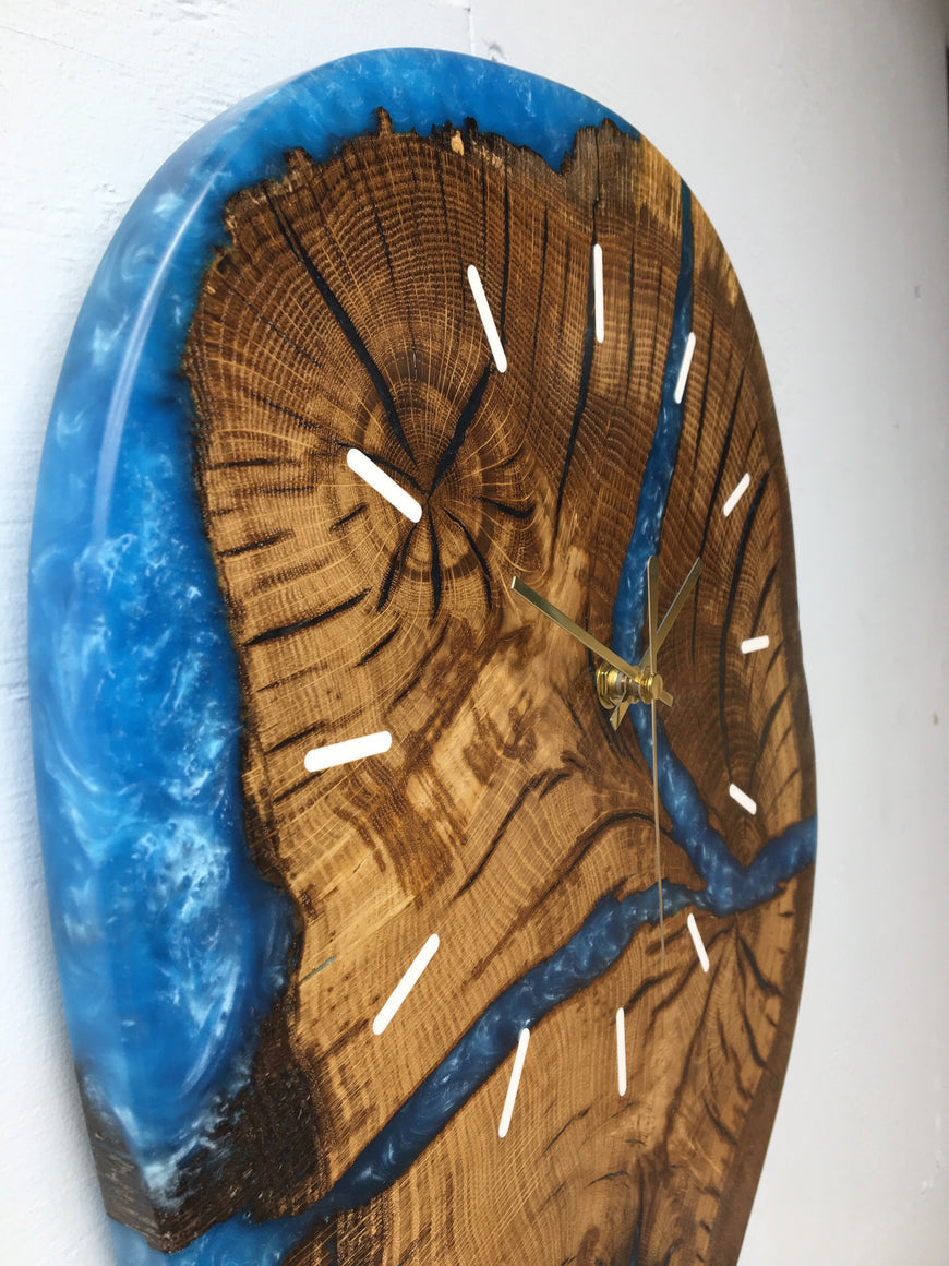 English Oak and Sky Blue Resin Wall Clock