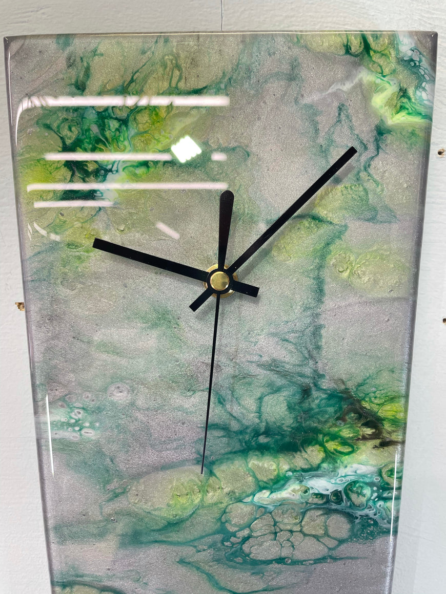 Narrow Metallic Silver and Green Abstract Resin Wall Clock