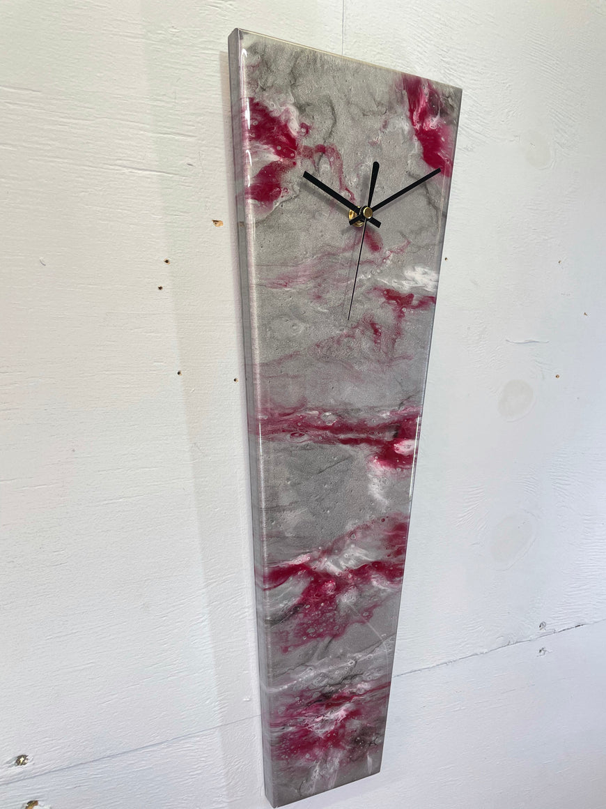 Narrow Silver and Blood Red Abstract Resin Wall Clock