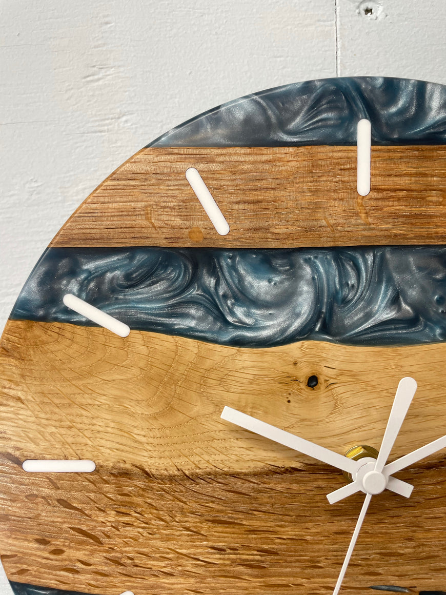 English Oak and Metallic Blue Pearlescent Resin Wall Clock