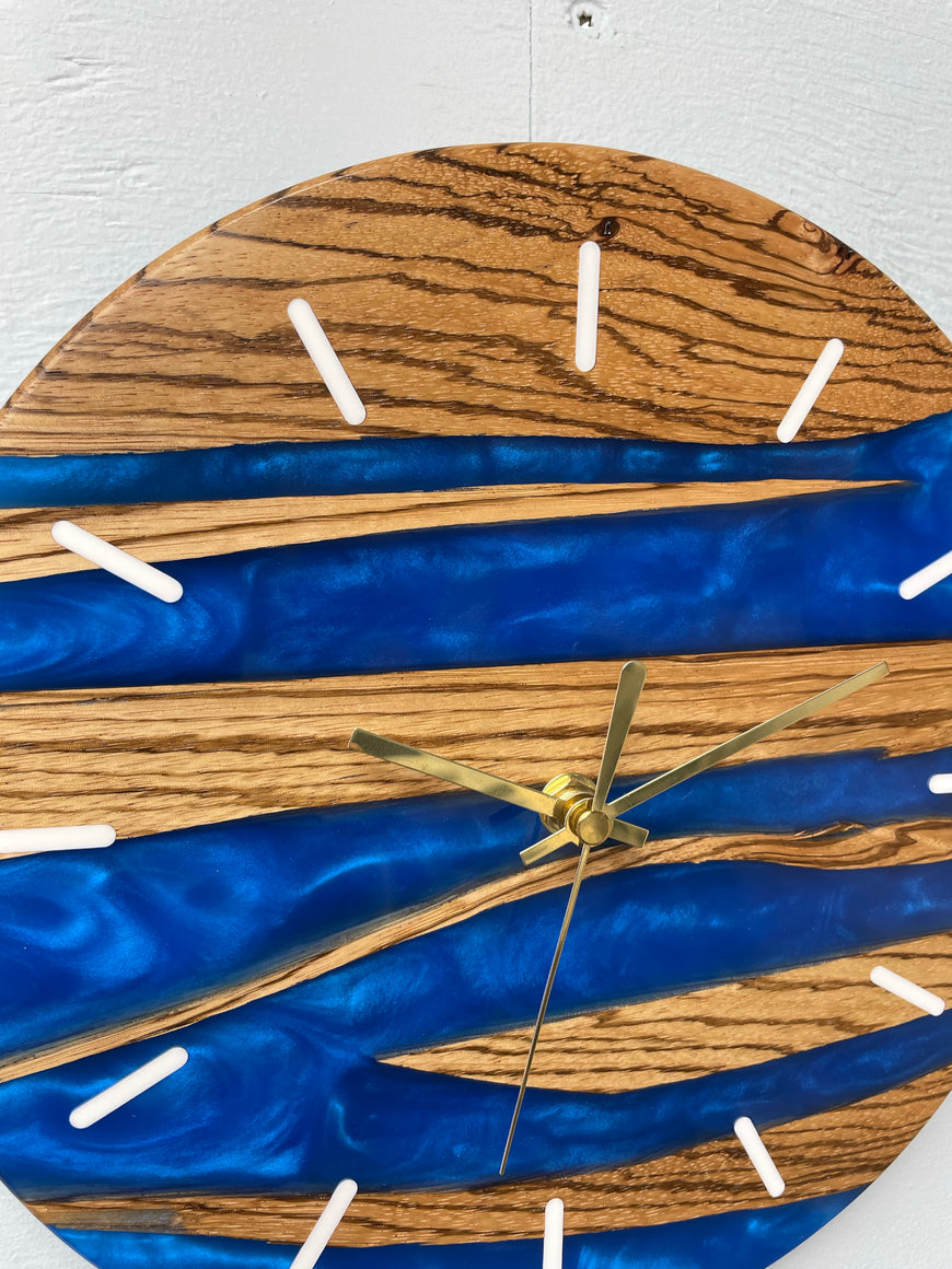 Zebra wood and Sapphire Blue Pearlescent Resin Wall Clock