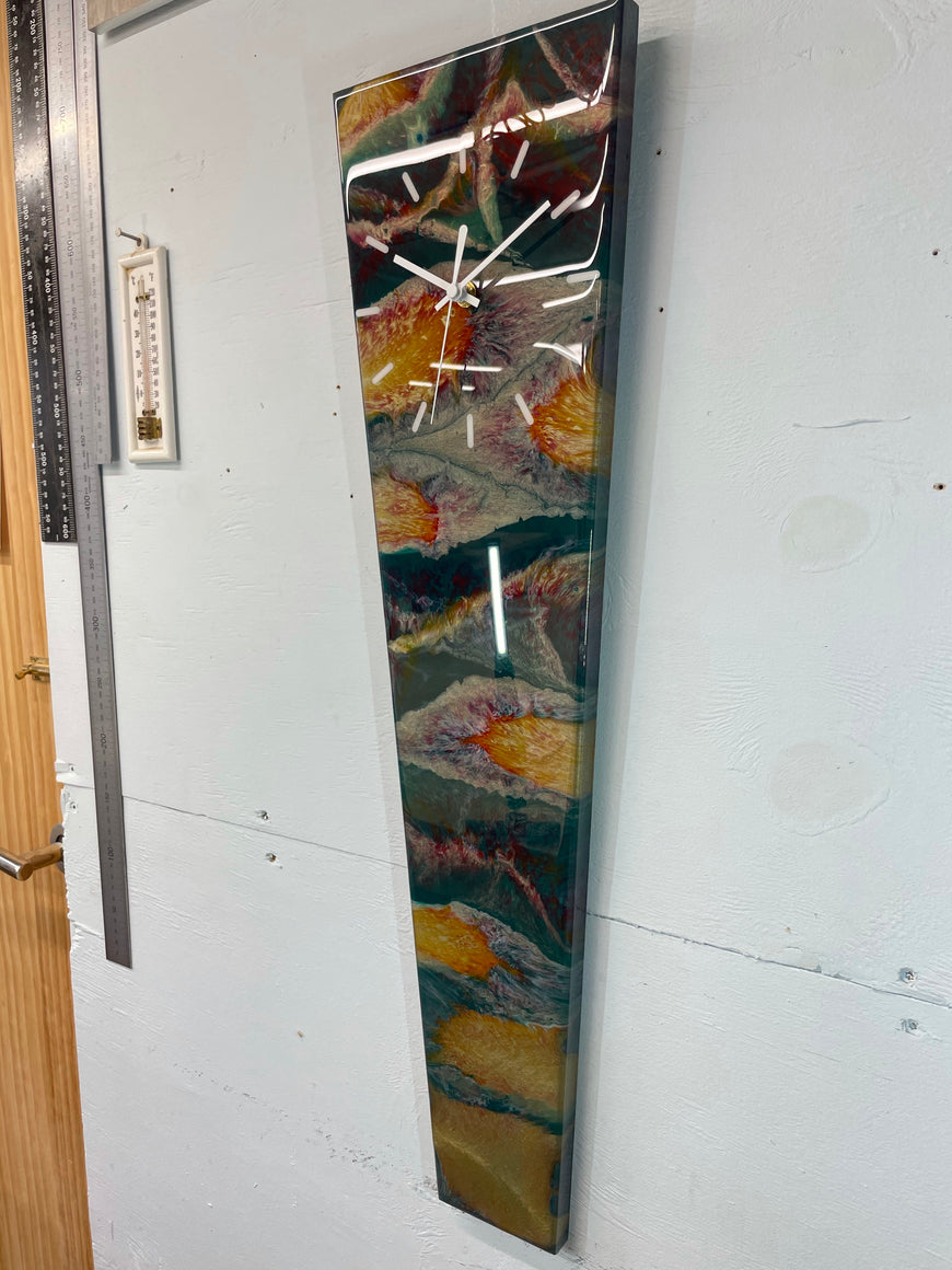 70cm Long Narrow Dark Green Blood Red and Antique Gold Abstract Resin Wall