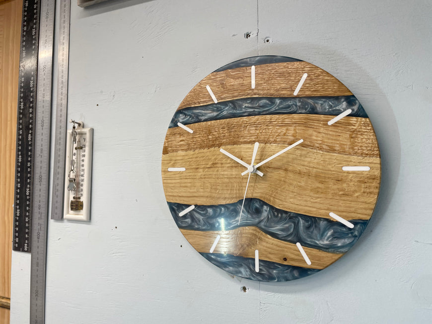English Oak and Metallic Blue Pearlescent Resin Wall Clock